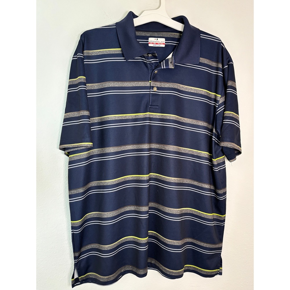 Grand Slam Airflow Mens XXL Navy Blue Striped Golf Polo Short Sleeve Shirt